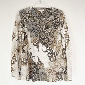 Dressbarn Top Womens Large Boho Studded Artsy Paisley Brown Indie Eclectic L